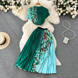 Vacation Beach 2pcs Set Women Floral Printed Short Sleeve Tops And High Waist Pleated Long Skirt Suit Spring