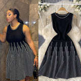 Sleeveless Round-Necked Striped Knitted Dress Women's Summer Waist Design Small Fairy Mid-Long