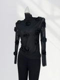 Toloer French Lace Undershirt Female Rose With Long-Sleeved T-Shirt Three-Dimensional Flower Mesh Advanced Sense