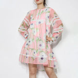 Casual Pink Print Dress For Women Round Neck Lantern Long Sleeve Loose Mini Dresses Female Fashion Clothing