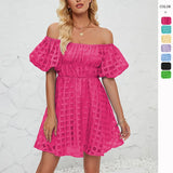 Women's Out-Shoulder Foam Short-Sleeved Folds High-Waisted Summer Mini Dress With