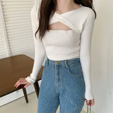 Slend Hollow Long-Sleeved Knitted Shirt Girl 2025 Spring And Autumn Careful Machine Slimming V Collar Hooded Apricot Color