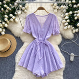 Women's Seaside Beach Pants Summer Dress New V-Neck Bubble Sleeves With Broad Legs