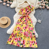 Irregular Ruffled Floral Print Dress Sashes Women Summer 2022 Vacation Slim Fashion Sexy Ladies A Line Long