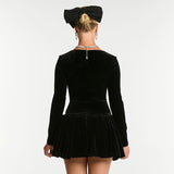And Winter New Women's High-End Velvet Velvet Long-Sleeved Leaf-Side Dress