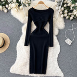 Hollow Out Sexy Knitted Dress Elegant Long Sleeve Slim Square Collar Fashion Ladies Party Bodycon Sweater Midi