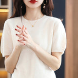 Toloer Spring Knit Sweater Women's T-Shirt Sweater Women's Short Sleeve V Collar Women Bottom Sweater Woolen Sweater Batch Hair-Outfit
