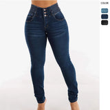 New High-Rise Elastic Jeans Female Fat Mm Buckle Abdominal Pencil Pants Slim High Thin