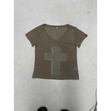 Sub-Series Cross Scald Copper Slanted Shoulder Loose Casual T-Shirt Hottie Street Sexy V-Neck On The