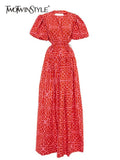 Print Colorblock Dress For Women Round Neck Puff Sleeve High Waist Casual Cut Out Midi Dresses Female Clothing