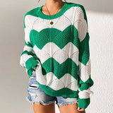 Yang Autumn New Fur Women's Loose Round Collar Hit The Striped Long-Sleeved Knitted Shirt