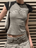 Raglan Sleeve Grunge Wing Print Crop Top-Outfit