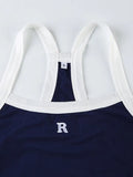 Blue Retro Letter Embroidery Slim Fit Cami Crop