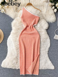 Summer Knitted Dress Women Skew Collar Elastic Waist Design Slim Sundress Female Party Sexy Bodycon