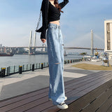 Toloer Hole High Waist Wide Leg Jeans For Girls Fall Students Straight Tube Loose Show Thin Design Sense Pants High Street Ins Tide-Outfit