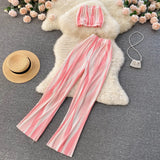 Women Zebra Summer Fashion Korean Set Sexy Off Shoulder Strapless Short Tops+High Waist Gradient Long Pants Two Piece Suits