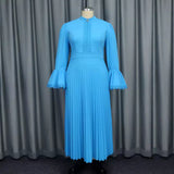 Elegant Round Collar Horn Long-Sleeved Dress Party Hundred Folds Dress Dress