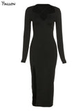 Autumn Crossed Cleavage Maxi Dress Women Concise Side Spilt Elegant Vestido Lady High Street Bodycon Slim Robe Skirt-Outfit
