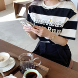 Toloer Chic Summer French Print Loose Casual Short-Sleeved T-Shirt-Outfit