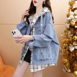 New Autumn Languiled Hooded Blouse Loose Fake Two Hooded Cowboy Coats Spring And