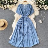 Vacation Chiffon Dresses For Women 2022 Pleated Long Dress Solid Color Temperament V-neck Maxi Bohemia Dress Robe
