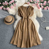 Toloer Fly Sleeve Dress Women's Summer New Design Sense V Collar Waist Show Thin Temperament Big Place French Fairy