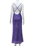 Purple Sequin Cowl Neck Backless Midi Dress-Outfit