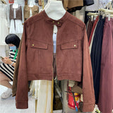 Retro Standing Collar Leather Velvet Early Autumn Coat Female Short Style Fashion Loose Casual Motorcycle Suit Small Jacket Jacket-Outfit