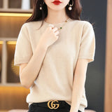 Toloer Spring Knit Sweater Women's T-Shirt Sweater Women's Short Sleeve V Collar Women Bottom Sweater Woolen Sweater Batch Hair-Outfit