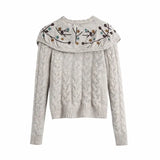 Ardm Fashion Woman Sweaters Embroidered Cropped Knitted Sweater Vintage Cute Peter Pan Collar Female Pullovers Chic