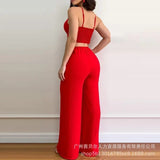 Piece Sets Women Sexy Sleeveless V Neck Hollow Out Splice Jumpsuits Sling Overalls Solid Wide Leg Long Pants Rompers 2023-Outfit