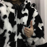 Winter Women Fleece Jackets Furry Teddy Coat Women Harajuku Milk Cow Print Faux Fur Jacket Vintage Hip Hop Warm