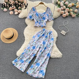 Women Summer Bohemian Floral Set Puff Sleeve Short Tops+High Waist Pleated Wide Leg Long Pants Two Pieces