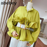 Ruffle Ruched Shirt For Women Stand Collar Lantern Sleeve Sashes Casual Blouse Female Fashion Tide