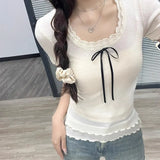 Double-layer Bow Patchwork Short sleeve Tee-Outfit