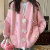 Version V-Collar Three-Dimensional Flower Bow Fashion Knitted Cardigan Autumn And Winter New Loose Lazy Sweet Sweater Girl-Outfit
