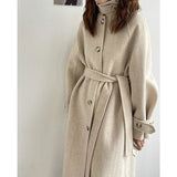 Korean Winter 2021 Handmade Single Breasted Double Faced Lacing Belt Long 100% Wool Coat Women Loose Woolen Oversized