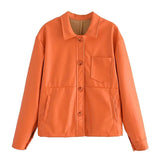Women Faux Leather Jacket Biker Orange Blouse Coat Turndown Collar PU Motorcycle Jackets Loose Streetwear