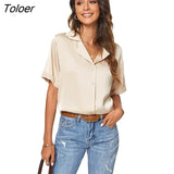 Summer Blue Loose Blouse Women Casual Button Short Sleeve White Shirt Women Notched Office Lady Solid Blouses Tops