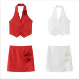 Toloer 2024 New Women's Flower Decoration Hanging Neck Solid Color Vest Wrap Hip Flower Skirt Suit-Outfit