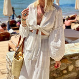 Toloer Spot 2023 Summer New Female Bohemian Bubble Sleeve Cardigan Skirt Two Sets-Outfit