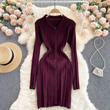 Women Sexy Sweater Dress Turndown-Collar Long Sleeves Elastic Pencil Dress Autumn Button Bodycon Stripe knitted