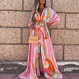 Autumn New Wish Sexy V-Tie Single-Breasted Floral Beach Dress-Outfit