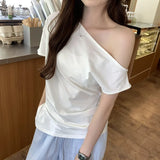 Seam Forked Irregular Shoulder Short-Sleeved T-Shirt Women's New Summer Design Feel Minority Lazy Style Beautiful Blouse-Outfit