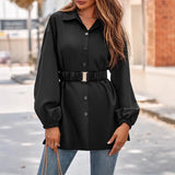 Toloer Autumn And Winter Women's Wear 2024 Fashion New Solid Color Shirt Collar Single Breasted Belt Shirt Coat Women-Outfit