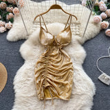 Summer Club Sexy Mini Dress Women V Neck Drawstring Design Sundress Laides Streetwear Shiny Sheath Strap