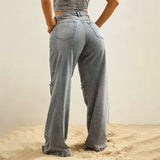 Toloer Style Do Old Wash Water Splicing Four Close Button Straight Leg Jeans Low Waist Loose Casual Pants Tide-Outfit