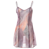 Women Y2K Tie Dye Print Cami Sexy Mesh Sheer See Through V Neck Split Mini Club Party Night Wrap Bodycon Dress-Outfit