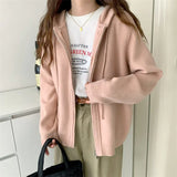 Version Autumn Winter New Casual Hoodie Pure Color Knit Cardigan Female Loose Lazy Wind Double Zipper Sweater Coat Female-Outfit