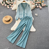 Plaid Knitted Two Pieces Suit Women Loose Knit Cardigan +Wide Leg Knitted Long Pant 2022 Winter OL Casual Sweater